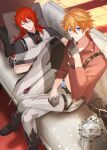  2boys black_boots black_gloves black_shirt black_shoes blue_eyes boots closed_eyes couch diluc_(genshin_impact) earrings genshin_impact gloves grey_pants hiki_yuichi jewelry long_hair lying male_focus midriff multiple_boys navel on_couch open_clothes open_shirt orange_hair pants pillow red_hair red_shirt shirt shoes short_hair sleeping tartaglia_(genshin_impact) vest vision_(genshin_impact) white_vest yaoi 