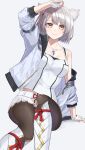 1girl absurdres animal_ears breasts cat_ears closed_mouth collarbone commentary_request crystal feet_out_of_frame fingerless_gloves gloves grey_hair highres invisible_chair jacket light_smile looking_at_viewer medium_breasts mio_(xenoblade) open_clothes open_jacket pants pants_under_skirt pantyhose pleated_skirt shinae short_hair simple_background single_bare_shoulder sitting skirt white_background white_gloves white_jacket white_skirt xenoblade_chronicles_(series) xenoblade_chronicles_3 yellow_eyes 