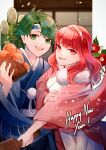  1boy 1girl alm_(fire_emblem) alternate_costume blue_kimono breasts celica_(fire_emblem) couple creyton fire_emblem fire_emblem_echoes:_shadows_of_valentia flower food fruit green_eyes green_hair hetero highres japanese_clothes kimono long_hair medium_breasts new_year orange_(fruit) orange_eyes orange_hair prince princess red_eyes red_hair short_hair tiara white_kimono 