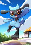  :d absurdres black_fur blue_fur blue_sky body_fur building chibikemo cloud commentary_request day full_body furry happy highres jumping looking_at_viewer open_mouth outdoors partial_commentary poke_ball_symbol pokemon pokemon_(creature) pokemon_center pokemon_focus red_eyes riolu shadow signature sky smile solo tree twitter_username two-tone_fur watagashikn 