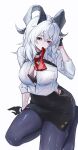  1girl adapted_costume black_bra black_gloves black_horns black_pantyhose black_skirt bra breasts chest_harness cleavage curled_horns gloves grey_hair hair_between_eyes hand_up harness highres horns large_breasts long_hair looking_at_viewer manche5ter missing_commentary mouth_hold necktie open_clothes open_shirt pantyhose partially_unzipped red_eyes red_necktie shirt simple_background skirt solo underwear white_background white_shirt wuthering_waves zani_(wuthering_waves) 