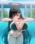  1girl absurdres aqua_bikini arm_rest bikini black_bikini black_hair black_halo blue_archive blue_sky blush breast_press breasts bright_pupils cleavage collarbone commentary_request day hair_ornament hairclip halo highres huge_breasts long_hair looking_at_viewer mechanical_halo mizikayo navel outdoors partially_underwater_shot red_eyes rio_(blue_archive) side-tie_bikini_bottom sky solo stomach swimsuit thighs white_pupils 
