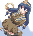  1girl :o arms_behind_back black_thighhighs blue_background blue_hair blunt_bangs blush boots brown_boots brown_shirt brown_shorts collared_shirt commentary earrings facial_mark gold_hairband hairband holding holding_scepter jewelry key_earrings kneeling long_hair michigami_nareko open_mouth rokugou_daisuke scepter shirt short_sleeves shorts simple_background solo sphere_hair_ornament thighhighs touhou triangle triangle_facial_mark two-tone_background white_background 