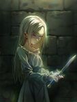  1girl aged_down blue_dress child closed_mouth commentary dagger dress edelgard_von_hresvelg edelgard_von_hresvelg_(young) fire_emblem fire_emblem:_three_houses grey_hair highres holding holding_dagger holding_knife holding_weapon knife long_hair long_sleeves looking_down sidelocks solo soma_otakuu standing stone_wall weapon 