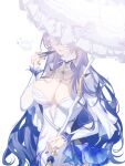  1girl absurdres breasts cantarella_(wuthering_waves) cosmetics highres holding holding_lipstick_tube holding_umbrella jellyfish large_breasts lipstick lipstick_tube makeup mark_under_eye parasol pokki961 simple_background solo umbrella white_background wuthering_waves 
