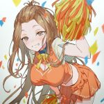  1girl blush breasts brown_eyes brown_hair cheerleader cleavage_cutout clothing_cutout commission confetti crop_top hand_up highres holding holding_pom_poms large_breasts leaning_forward long_hair looking_at_viewer midriff orange_shirt orange_skirt original pom_pom_(cheerleading) shirt short_sleeves skeb_commission skirt smile smirk solo yutsumoe 