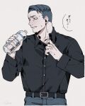  1boy belt black_belt black_shirt blue_hair blue_pants bottle collared_shirt commentary_request cowboy_shot furrowed_brow holding holding_bottle hot long_sleeves looking_to_the_side male_focus matsuda_ryota pants seikoo_caffeine shirt short_hair simple_background solo speech_bubble sweat toshi_densetsu_kaitai_center translation_request water_bottle 