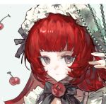  1girl black_bow black_bowtie black_eyes black_ribbon bonnet bow bowtie cherry choker expressionless flower food frilled_bonnet frills fruit hair_ribbon hand_up looking_at_viewer original qyzhiaiyisheng red_flower red_hair red_rose ribbon rose simple_background solo 