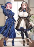  2girls absurdres arimura_mao arm_up ascot beret black_pantyhose blue_ascot blue_boots blue_dress blue_eyes blue_hat blue_ribbon blush boots breasts brown_boots brown_hair commentary_request dress full_body gakuen_idolmaster hat hat_ribbon high_heel_boots high_heels highres himesaki_rinami idolmaster indoors knee_boots large_breasts long_dress long_hair long_sleeves looking_at_viewer multiple_girls pantyhose pink_hair plant potted_plant ribbon shirokuma_a standing 
