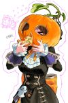  &gt;_&lt; 3girls admire_vega_(glacialis_vega)_(umamusume) admire_vega_(umamusume) black_dress bow bowtie breasts brown_hair chibi chibi_inset dress dress_bow flying food food_on_clothes highres holding holding_food jack-o&#039;-lantern korean_text large_breasts long_sleeves meisho_doto_(dot-o&#039;-lantern)_(umamusume) meisho_doto_(umamusume) multiple_girls narita_top_road_(celestial_road)_(umamusume) narita_top_road_(umamusume) ooo8_q pizza pumpkin_hat simple_background standing sweatdrop umamusume upper_body white_background 