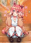  1girl animal_ears blush breasts brown_hair carbohydrate_(asta4282) cardigan collarbone collared_shirt drill_hair highres horse_ears horse_girl horse_tail looking_at_viewer norn_ace_(umamusume) shirt side_drill smile solo squatting stairs stairwell tail thighhighs tongue tongue_out umamusume umamusume:_cinderella_gray v white_shirt white_thighhighs yellow_cardigan 