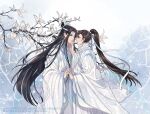  2boys alternate_costume artist_name bishounen black_eyes black_hair branch brown_hair chinese_clothes closed_mouth couple english_commentary eye_contact face-to-face flower from_side hair_ribbon hand_on_another&#039;s_chin hand_up hanfu headband high_ponytail holding_hands lan_wangji long_hair long_sleeves looking_at_another male_focus minataka94 modao_zushi multiple_boys ponytail profile ribbon robe smile snow snowing standing topknot tree upper_body very_long_hair watermark wei_wuxian white_flower white_hanfu white_headband white_ribbon white_theme wide_sleeves xiao_guan_(headdress) yaoi yellow_eyes 