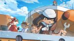  1girl 3boys aircraft airship animal_ears bandana blue_sky blush bone brown_hat claws cloud commentary_request cross_scar dog_boy dog_ears dog_girl flying_sweatdrops furry furry_female furry_male goggles goggles_on_headwear hat highres holding holding_bone holding_screwdriver holding_tool holding_wrench jin_macchiato kabo_(kabo_lab) little_tail_bronx malt_marzipan multiple_boys red_savarin scar scar_on_cheek scar_on_face screwdriver senjou_no_fuuga shirt sky solatorobo suspenders sweat wappa_charlotte wavy_mouth white_shirt wrench 