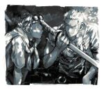  2boys border closed_mouth goggles goggles_on_head greyscale holding holding_sword holding_weapon jacket_around_neck kalk0011 koby_(one_piece) looking_at_another male_focus monochrome multiple_boys one_piece pectoral_cleavage pectorals roronoa_zoro scar scar_across_eye scar_on_face short_hair short_sleeves sword weapon white_border 