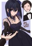  1boy 1girl black_bow black_bowtie black_dress black_gloves black_hair black_suit bow bowtie closed_eyes collared_shirt commentary commission cross-section dress elbow_gloves english_commentary flower gloves hair_flower hair_ornament highres kuonji_alice mahou_tsukai_no_yoru open_mouth purple_background purple_eyes shintyoi2 shirt shizuki_soujuurou skeb_commission suit white_shirt 