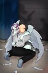 2024 2:3 absurd_res angry anon_(snoot_game) anthro bald biped black_bottomwear black_clothing black_pants blue_body blue_scales bodily_fluids bone_frill bottomwear canon_couple cavemanon_studios claws clenched_teeth clothed clothed_anthro clothed_female clothing colored comforting crying denim denim_bottomwear denim_clothing denim_shorts duo elbow_feathers eyes_closed eyeshadow fang_(gvh) feathered_wings feathers female finger_claws fingers footwear foreshadowing frill_(anatomy) goodbye_volcano_high grey_body grey_clothing grey_feathers grey_hair grey_shirt grey_topwear gun hair hi_res holding_gun holding_object holding_ranged_weapon holding_weapon hug human human_on_anthro humanoid_hands humiliation inside interspecies long_hair makeup male male/female mammal markings mayor_quigley on_ground pants plantigrade prehistoric_species pterodactylus pterosaur ranged_weapon reptile sad scales scalie shadow shirt shoes short_tail shorts sitting snoot_game striped_markings stripes tail tears teeth topwear weapon wet_hair wings