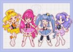  4girls aino_megumi arm_up asymmetrical_skirt back_bow black_shirt black_thighhighs black_vest blonde_hair blue_border blue_bow blue_eyes blue_hair blue_skirt blue_wrist_cuffs boots border bow bowtie bright_pupils brooch circle_skirt clenched_hand collared_vest commentary crown cure_fortune cure_honey cure_lovely cure_princess deformed determined dot_nose dotted_line earrings eyelashes feather_sleeves finger_gun floating_clothes footwear_bow frilled_skirt frilled_sleeves frilled_vest frilled_wrist_cuffs frills full_body gold_crown grey_background grid_background grin hair_between_eyes hair_bow hair_ornament hair_ribbon hand_on_own_chest happinesscharge_precure! happy heart heart_brooch heart_earrings heart_hair_ornament high_heel_boots high_heels high_ponytail highres hikawa_iona jewelry knee_boots lace-trimmed_shirt lace_trim lapels legs_apart light_blush long_hair looking_at_viewer magical_girl medium_skirt mini_crown miniskirt multiple_girls notched_lapels one_eye_closed oomori_yuuko open_mouth orange_bow orange_bowtie orange_eyes outline outside_border outstretched_arm outstretched_arms own_hands_together parted_bangs parted_lips pink_bow pink_eyes pink_hair pink_skirt pleated_skirt pleated_sleeves ponytail precure puffy_short_sleeves puffy_sleeves purple_bow purple_bowtie purple_eyes purple_hair purple_skirt ribbon ringlets shirayuki_hime shirt short_sleeves sidelocks signature skirt smile standing straight-on tareme teeth thigh_boots thighhighs tsurime twintails upper_teeth_only uwded_207 v-shaped_eyebrows very_long_hair vest waist_bag watch wavy_hair white_arm_warmers white_bag white_boots white_bow white_outline white_pupils white_ribbon white_sleeves white_wrist_cuffs wrist_cuffs wristwatch yellow_arm_warmers yellow_bow yellow_skirt 