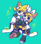  1boy 1girl :3 absurdres animal_ears animal_feet animal_hands aqua_background blonde_hair blue_eyes cat_boy cat_ears cat_girl cat_tail commentary full_body furrification furry furry_female furry_male headphones highres holding_hands kagamine_len kagamine_rin looking_at_viewer lovewolf5122 neckerchief open_mouth pawpads ponytail sailor_collar short_hair shorts simple_background smile tail vocaloid 