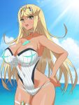  1girl blonde_hair blue_sky breasts circlet cleavage cloud cloudy_sky core_crystal_(xenoblade) covered_navel earrings hata_(pixiv10403940) highres jewelry large_breasts long_hair looking_at_viewer mythra_(radiant_beach)_(xenoblade) mythra_(xenoblade) one-piece_swimsuit one-piece_tan open_mouth outdoors sky solo strapless strapless_one-piece_swimsuit summer swept_bangs swimsuit tan tanlines thigh_strap very_long_hair white_one-piece_swimsuit xenoblade_chronicles_(series) xenoblade_chronicles_2 yellow_eyes 