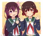 2girls blue_jacket blush brown_hair closed_eyes commentary_request crescent crescent_pin gradient_hair green_sailor_collar green_skirt highres index_finger_raised jacket jewelry kantai_collection kisaragi_(kancolle) kisaragi_kai_ni_(kancolle) long_hair long_sleeves multicolored_hair multiple_girls mutsuki_(kancolle) mutsuki_kai_ni_(kancolle) neckerchief one_eye_closed ootori_(kyoya-ohtori) open_mouth pantyhose pleated_skirt purple_eyes red_hair red_neckerchief ring sailor_collar school_uniform serafuku short_hair skirt smile upper_body wedding_ring white_background yellow_background 