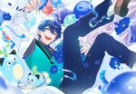  1boy absurdres aqua_eyes aqua_sweater_vest balloon blue_flower blue_hair blue_necktie blue_pants bouquet brown_shoes character_balloon coat confetti flower flower_request gagake_v grey_shirt hair_between_eyes highres holding holding_bouquet leos_vincent leos_vincent_(1st_costume) male_focus mameneko_(leos_vincent) necktie nijisanji open_clothes open_coat pants shirt shoes short_hair smile solo teeth tie_clip virtual_youtuber white_coat 