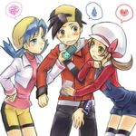  2girls backwards_hat bad_id bad_pixiv_id baseball_cap bike_shorts black_hair blue_hair blush brown_hair crystal_(pokemon) game_boy_color gold_(pokemon) handheld_game_console hat heart hug jealous jiroichi kotone_(pokemon) multiple_girls nintendo_ds open_mouth pokemon pokemon_(game) pokemon_gsc pokemon_hgss ribbon short_hair simple_background spoken_heart spoken_squiggle spoken_sweatdrop squiggle sweatdrop thighhighs twintails white_background 