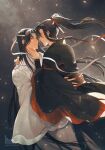  2boys artist_name bishounen black_hair black_hanfu chinese_clothes closed_eyes closed_mouth couple english_commentary eye_contact face-to-face floating_hair hair_ribbon hand_on_another&#039;s_face hanfu headband high_ponytail highres hug lan_wangji light_particles long_hair long_sleeves looking_at_another male_focus minataka94 modao_zushi multiple_boys night night_sky ponytail profile red_ribbon ribbon robe sash sidelocks sky smile standing very_long_hair watermark wei_wuxian white_hanfu white_headband wide_sleeves yaoi yellow_eyes 