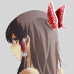  ao_usagi bare_shoulders brown_eyes brown_hair bug butterfly from_behind grey_background hair_tubes hakurei_reimu insect long_hair solo touhou 