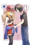  1boy 1girl black_hair black_shirt black_thighhighs blonde_hair blue_jacket blush breasts calem_(pokemon) closed_mouth clothes_around_waist eyewear_on_headwear grey_eyes hat highres jacket jacket_around_waist long_hair open_mouth pants pokemon pokemon_xy red_hat red_skirt serena_(pokemon) shirt short_hair short_sleeves skirt sleeveless sleeveless_shirt sunglasses thighhighs white-framed_eyewear yomogi_(black-elf) 