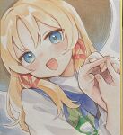  1girl :d blonde_hair blue_eyes blush brown_hat commentary_request dutch_angle frog hair_ribbon hand_puppet hat highres long_hair long_sleeves looking_at_viewer marker_(medium) moni_monico moriya_suwako open_mouth parted_bangs puppet purple_vest red_ribbon ribbon shirt smile solo touhou traditional_media tress_ribbon upper_body vest white_shirt 