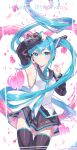  1girl absurdres ahoge aqua_eyes aqua_hair aqua_necktie armpits black_skirt blush boots breasts commentary detached_sleeves hair_between_eyes hair_ornament happy_birthday hatsune_miku headphones heart highres holding holding_heart kurobikari long_hair long_sleeves looking_at_viewer medium_breasts necktie open_mouth pleated_skirt shirt simple_background skirt sleeveless sleeveless_shirt smile solo thigh_boots twintails vocaloid white_background white_shirt zettai_ryouiki 