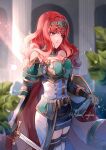  1girl armor black_skirt black_thighhighs breastplate breasts cape celica_(fire_emblem) celica_(valentia&#039;s_hope)_(fire_emblem) choker cleavage creyton dress earrings fingerless_gloves fire_emblem fire_emblem_echoes:_shadows_of_valentia fire_emblem_heroes gloves green_armor highres holding holding_shield holding_sword holding_weapon jewelry leaf long_hair medium_breasts official_alternate_costume orange_eyes orange_hair pillar princess red_eyes red_hair shield skirt solo sword temple thighhighs tiara weapon white_dress 