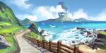  bird blue_sky chinnkun cliff cloud fence flock grass island landscape mountain no_humans ocean original painterly road scenery shore sky waves wooden_fence 