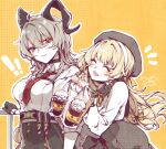  ! !! 2girls alternate_costume black_choker black_horns black_pants black_skirt blonde_hair breasts chest_harness choker chromatic_aberration closed_eyes collared_shirt commentary_request compose_coffee cup curled_horns disposable_coffee_cup disposable_cup earrings grey_hair harness heavy_chromatic_aberration high-waist_pants highres horns jewelry key_earrings korean_commentary large_breasts long_hair long_sleeves looking_at_viewer multiple_girls necktie open_mouth pants parted_lips phoebe_(wuthering_waves) red_necktie shirt shirt_tucked_in signature skirt smile sw_haze white_shirt wuthering_waves yellow_background zani_(wuthering_waves) 