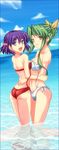  ass back beach bikini breasts chuu_(rinet) cloud day green_hair hair_bobbles hair_ornament hair_ribbon long_hair medium_breasts multiple_girls open_mouth outdoors ponytail purple_eyes purple_hair ribbon sakurai_chisato short_hair sky smile swimsuit very_long_hair water wrestle_angels wrestle_angels_survivor wrestle_angels_survivor_2 yellow_eyes yuuki_chigusa 