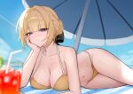  1girl absurdres alternate_costume armpit_crease bare_shoulders beach_towel beach_umbrella bikini black_bow blonde_hair blue_sky blush bow breasts closed_mouth collarbone commentary cup day drinking_glass drinking_straw evelyn_chevalier hair_bow highres large_breasts looking_at_viewer myumyu431 navel outdoors purple_eyes short_hair sky smile solo stomach swimsuit thighs towel umbrella yellow_bikini zenless_zone_zero 
