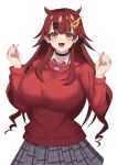  1girl black_choker black_ribbon black_skirt bow bowtie breasts brown_hair choker dragon_musume_ni_naritakunai! duel_masters fang hair_ornament hair_ribbon hairpin highres hood hoodie indoors justice_haruka large_breasts long_hair looking_at_viewer maguma_mega open_mouth plaid_clothes plaid_skirt red_bow red_bowtie red_hair red_hoodie ribbon shirt sidelocks simple_background skirt smile solo standing very_long_hair white_background white_shirt yellow_eyes 