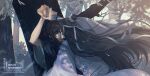  2boys against_tree ahoge arms_up artist_name black_hair black_hanfu blindfold blurry blurry_foreground brown_hair chinese_clothes closed_eyes day english_commentary english_text floating_hair from_side hair_ribbon half_updo hanfu headband highres holding_another&#039;s_wrist holding_hands hug kiss lan_wangji leaf light_particles long_hair long_sleeves male_focus minataka94 modao_zushi multiple_boys nature official_alternate_hairstyle outdoors ponytail profile red_ribbon ribbon robe sidelocks sitting topknot tree upper_body very_long_hair watermark wei_wuxian wei_wuxian_(yiling_laozu) white_hanfu white_headband wide_sleeves xiao_guan_(headdress) yaoi 