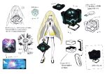  1girl black_leggings blonde_hair concept_art containment_unit cosmog crate dress green_eyes hair_over_one_eye leggings long_hair looking_at_viewer lusamine_(pokemon) mature_female official_art pointing_out_the_details pokemon pokemon_sm sleeveless very_long_hair white_dress white_leggings 