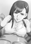  1boy 1girl aki5432109876 black_hair breasts closed_mouth covered_nipples cum ejaculation elbow_gloves final_fantasy final_fantasy_vii gloves greyscale hetero large_breasts lips looking_at_viewer monochrome paizuri paizuri_under_clothes projectile_cum solo_focus suspenders tank_top tifa_lockhart 