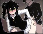  1boy 1girl andrew_graves bent_over black_hair black_sweater black_vest blush breasts clenched_hand closed_mouth clothed_sex collared_shirt cowboy_shot double-parted_bangs embarrassed grabbing_another&#039;s_ass green_eyes groping hair_between_eyes head_out_of_frame hetero implied_sex incest jewelry long_sleeves looking_back mature_eyes mature_female medium_breasts medium_hair miniskirt mother_and_son necklace panty_straps pleated_skirt ponytail renee_graves sex sex_from_behind shirt skirt solo_focus standing standing_sex sweatdrop sweater the_coffin_of_andy_and_leyley vest waero white_shirt white_skirt wing_collar wrinkled_skin 