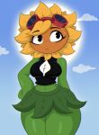 2025 absurd_res biped black_eyes clothing cloud electronic_arts elemental_creature eyebrows eyelashes eyewear female flora_fauna goggles green_body hi_res mouth_closed plant plants_vs._zombies plants_vs._zombies_heroes popcap_games shirt sky solar_flare_(pvz) solo standing sunflower_creature superbage thick_thighs topwear white_sclera
