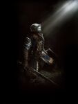  1boy armor arms_at_sides belt brown_gloves capelet chainmail chosen_undead dark dark_souls_(series) dark_souls_i elbow_gloves full_armor full_body gauntlets gloves greaves helmet highres holding holding_shield holding_sword holding_weapon kneeling knight light_rays looking_up male_focus official_art pauldrons scan scarf shield shoulder_armor solo stone_floor sword weapon 