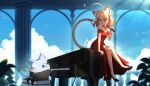  1girl :3 ahoge alternate_costume animal_ear_fluff animal_ears bare_shoulders black_shoes black_suit blonde_hair blue_eyes blue_sky blush cat_ears cat_girl cat_tail champagne_flute closed_mouth cloud column cup day dress drinking_glass fang glasses grey-framed_eyewear high_heels highres holding holding_microphone indie_virtual_youtuber instrument keipup leaf medium_hair microphone minikomew minyan_(minikomew) music open_mouth pillar plant playing_instrument playing_piano red_dress round_eyewear shoes short_sleeves sitting_on_piano sky smile sparkle suit tail virtual_youtuber 