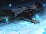  1boy armband black_jacket black_pants black_ribbon blue_background blue_butterfly blue_hair bug butterfly closed_eyes commentary_request gekkoukan_high_school_uniform jacket kenko_(hjlahh) light_particles lying male_focus neck_ribbon on_back pants persona persona_3 red_armband ribbon school_uniform shirt solo sparkle water white_shirt yuuki_makoto_(persona_3) 