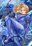  1girl absurdres bell breasts char&#039;s_counterattack cleavage commentary dated geara_doga geara_doga_(rezin_schnyder_custom) gundam high_heels highres holding holding_wrench looking_at_viewer mecha mecha_pilot_suit medium_hair mobile_suit neo_zeon normal_suit_(gundam) okrdisk2000 orange_eyes orange_hair rezin_schnyder robot science_fiction sitting solo wrench 