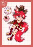  1girl androgynous animal_ear_fluff animal_ears animal_shoes ascot black_choker boots border bow bow_skirt bright_pupils brooch brown_ascot brown_brooch brown_hair brown_hat buttons chocolate choker compact_(cosmetics) cosmetics cure_chocolat deformed diamond_earrings dog_ears dog_girl dog_tags dog_tail dot_nose dotted_line dripping earrings eyelashes fang food-themed_clothes food_print full_body fur-trimmed_boots fur_trim gloves grid_background hair_between_eyes hand_on_own_leg happy hat heart heart_print high_heel_boots high_heels highres invisible_chair jacket jewelry juliet_sleeves kenjou_akira kirakira_precure_a_la_mode knee_boots knee_up large_tail long_sleeves looking_ahead magical_girl miniskirt multicolored_hair open_clothes open_jacket open_mouth outline pink_bag pleated_skirt precure puffy_sleeves red_boots red_border red_bow red_eyes red_hair red_jacket red_shorts shirt short_hair shorts shorts_under_skirt signature sitting skirt smile solo streaked_hair swept_bangs tail top_hat two-tone_ascot two-tone_bag two-tone_hair uwded_207 vertical-striped_sleeves waist_bag white_background white_gloves white_outline white_pupils white_shirt white_wrist_cuffs wrist_cuffs yellow_ascot yellow_bag 