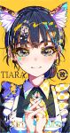  1girl absurdres animal_ears apron artist_name basori_tiara black_eyes black_hair cat_ears character_name frilled_apron frills hair_bun highres kiriaina looking_at_viewer maid maid_apron make_heroine_ga_oo_sugiru! mole mole_on_neck own_hands_together simple_background solo upper_body white_apron yellow_background 