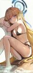  1girl absurdres bikini black_bikini blonde_hair blue_archive blue_eyes blue_halo braid breasts dakimakura_(object) half_up_braid halo highres hugging_object long_hair looking_at_viewer mamo_(user_jjca7524) medium_breasts pillow pillow_hug side-tie_bikini_bottom simple_background soaking_feet solo swimsuit toki_(blue_archive) water white_background 