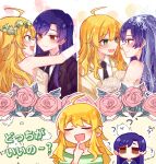  2girls ? ahoge black_jacket black_necktie blonde_hair blue_hair blush bouquet bridal_veil bride brown_eyes chiwawa174 closed_eyes closed_mouth collared_shirt dress eye_contact finger_to_mouth green_eyes green_shirt groom hand_up head_wreath highres hoshii_miki idolmaster idolmaster_(classic) imagining index_finger_raised jacket kisaragi_chihaya long_hair looking_at_another multiple_girls multiple_views necktie open_mouth shirt smile striped_clothes striped_shirt translation_request veil white_dress white_jacket yuri 